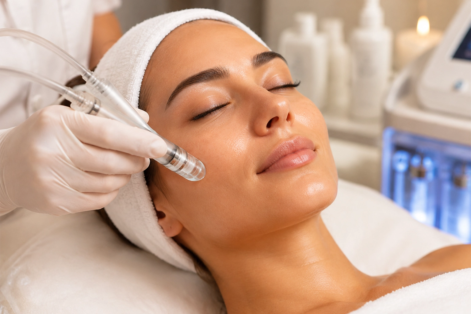 Hydrafacial-Behandlung mit Handstück im Gesicht einer Kundin