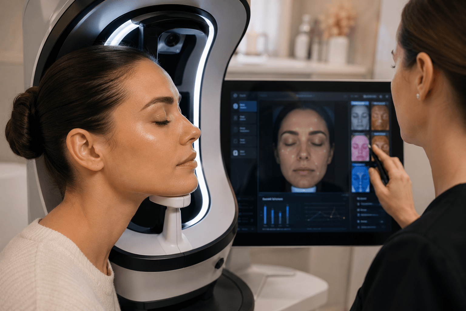 Medizinische Hautanalyse mit Gesichtsscanner und Bildschirm