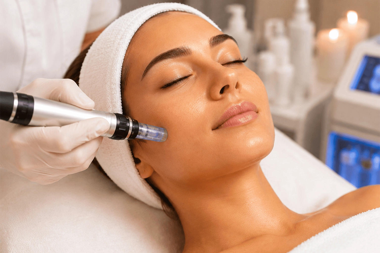 Microneedling-Behandlung im Gesicht einer Kundin