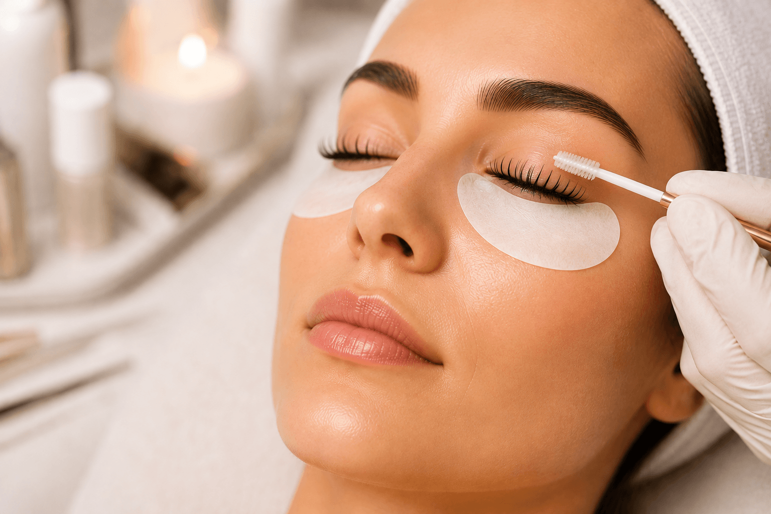 Wimpernlifting mit Augenpads bei einer Kundin