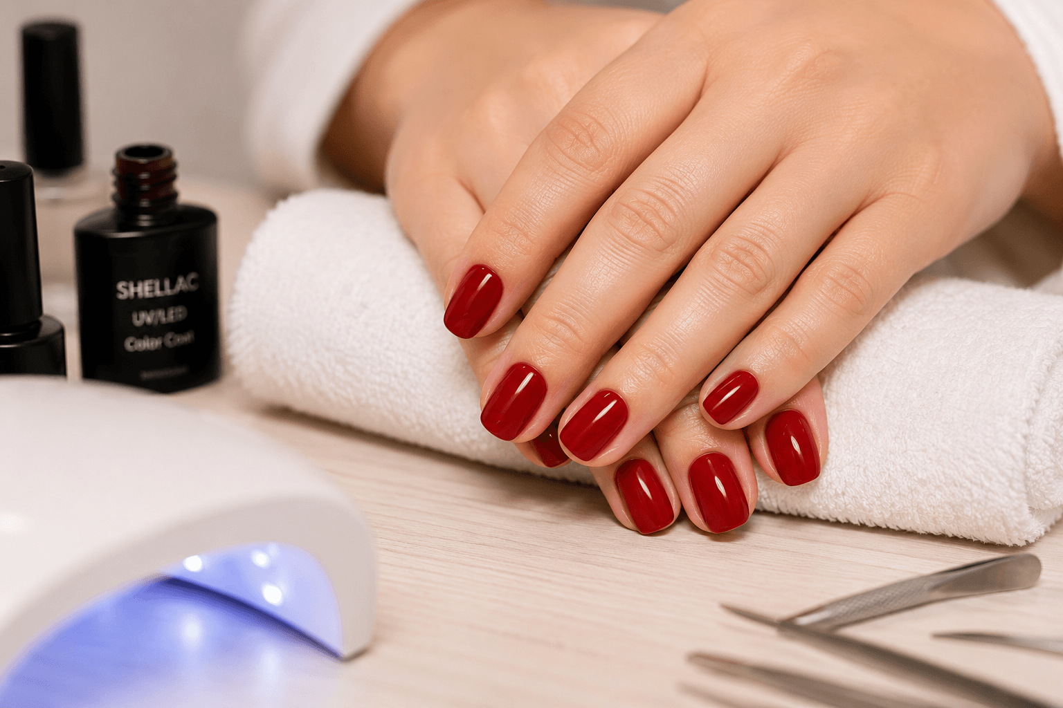 Shellac-Maniküre mit rot lackierten Nägeln